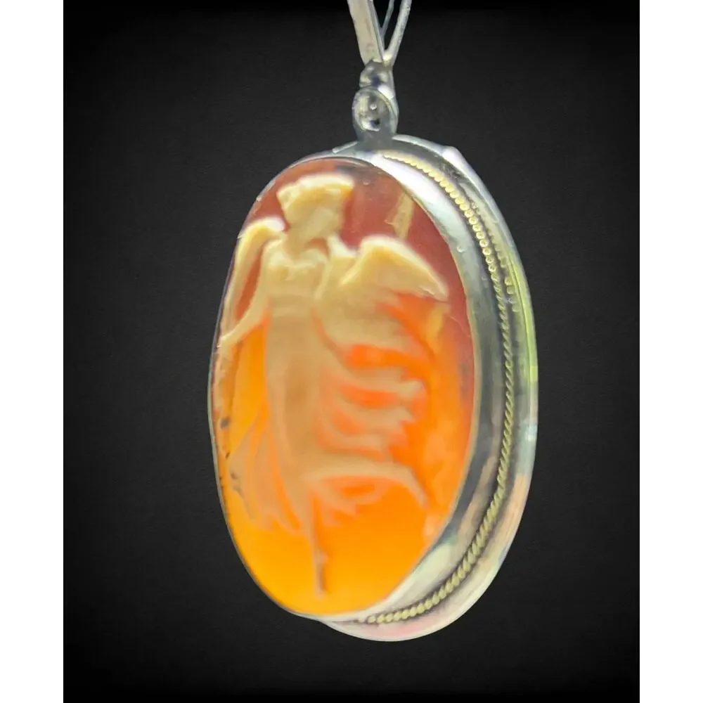 Vintage Sterling Shell Cameo Dancing Muse Necklace & Matching Clip Earrings Set